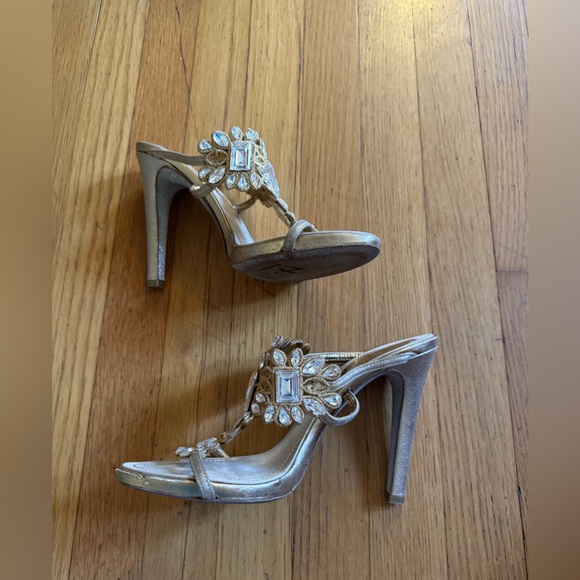 Rene Caovilla Crystal Gold Mules Sandals With Glitter Instep Sz 36.5 - Picture 3 of 11